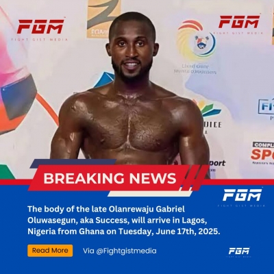 Body of late Nigerian boxer, Olanrewaju Gabriel Oluwasegun aka Success arrives in Lagos on Tuesday, June 17