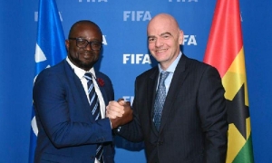 FIFA president Gianni Infantino congratulates GFA boss Kurt Okraku on re-election