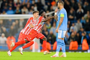 Osman Bukari scores for Red Star Belgrade against Manchester City
