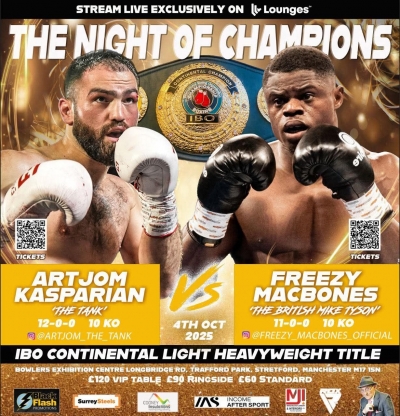 Freezy Macbones to fight &#039;The Tank&#039; Artjom Kasparian for IBO and EBU titles on October 4